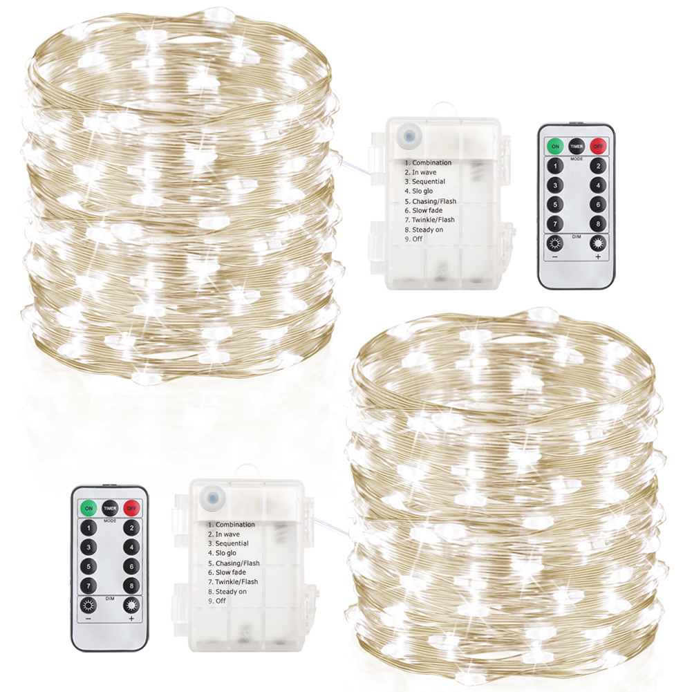 GDEALER 2 Pack 33 Feet 100 Led Fairy Lights Battery Operated with Remote Control Timer Waterproof Copper Wire Twinkle String Lights for Bedroom Indoor Outdoor Wedding Dorm Decor Cool White