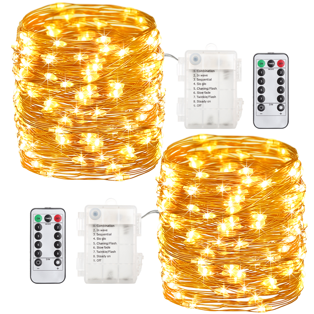 GDEALER 2 Pack 33 Feet 100 Led Fairy Lights Battery Operated with Remote Control Timer Waterproof Copper Wire Twinkle String Lights for Bedroom Indoor Outdoor Wedding Dorm Decor Warm White