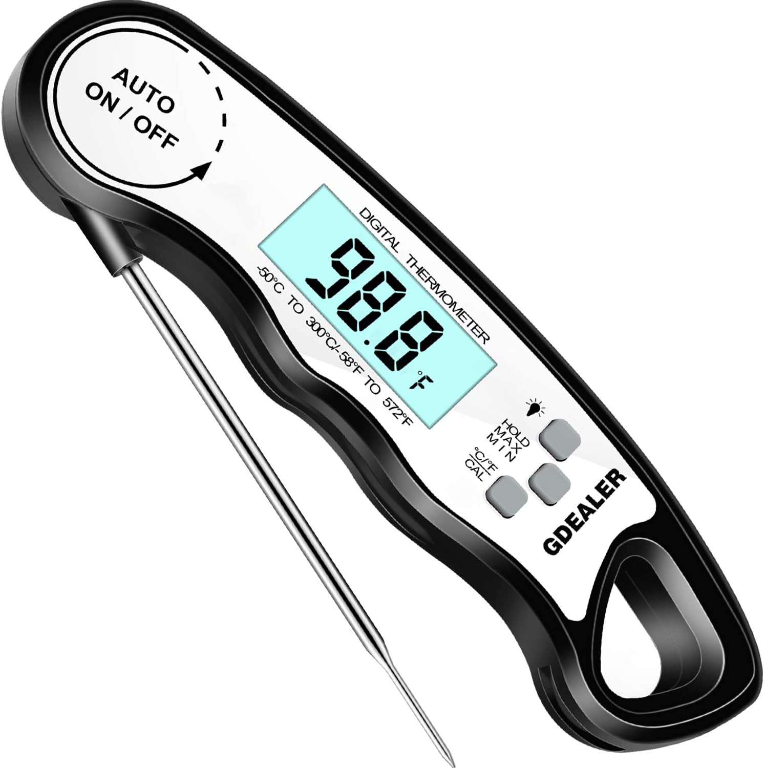 GDEALER DT6 Instant Read Meat Thermometer Waterproof Ultra Fast Digital Cooking Thermometer with Backlight & Calibration Food Thermometer for Kitchen BBQ Grill Smoker Oil Fry (Black White)