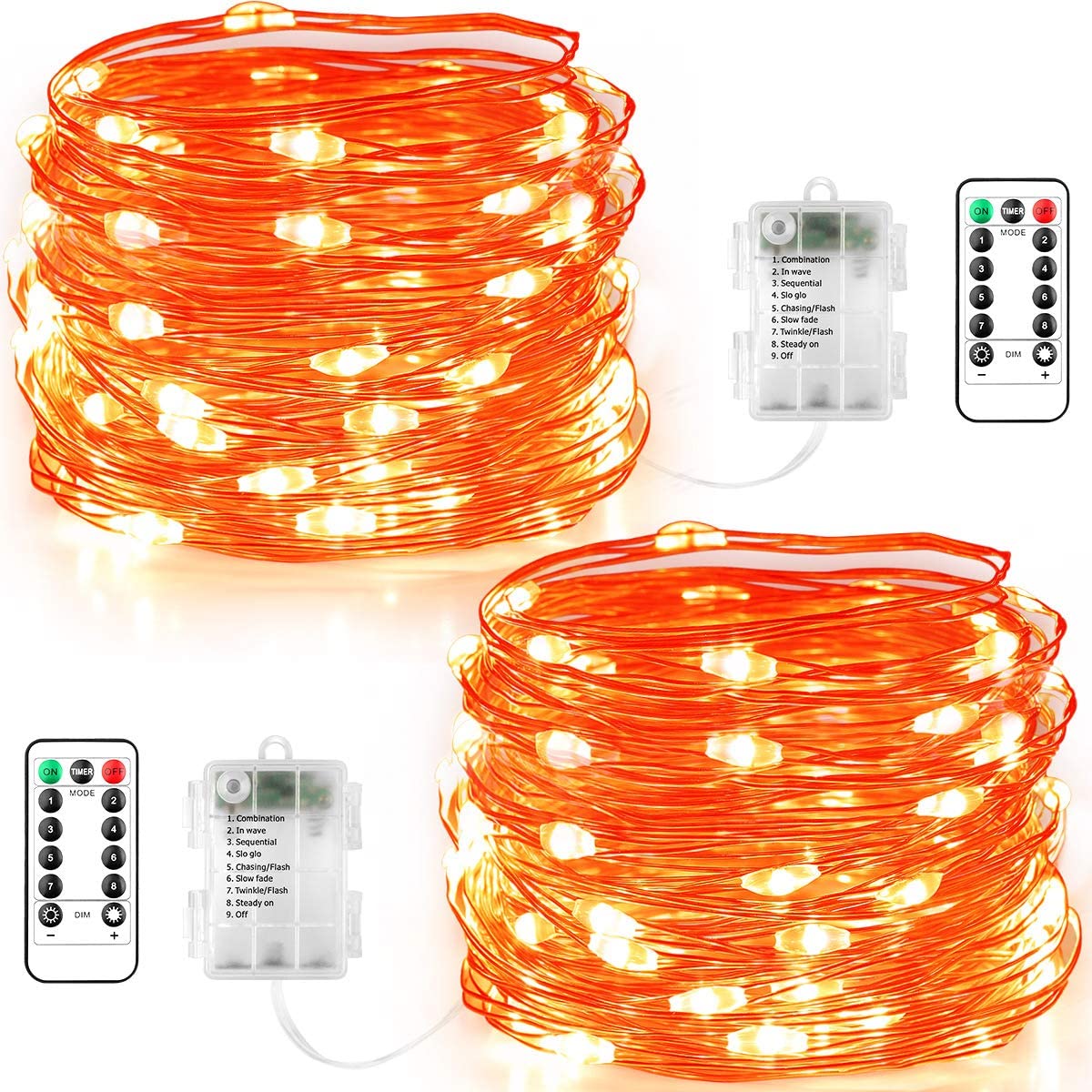 GDEALER 2 Pack Halloween Fairy Lights 20 FT 60 LEDs Orange lights Battery Operated with Remote Christmas Lights Waterproof Copper Wire Firefly Twinkle Lights Orange Halloween String Lights for Bedroom